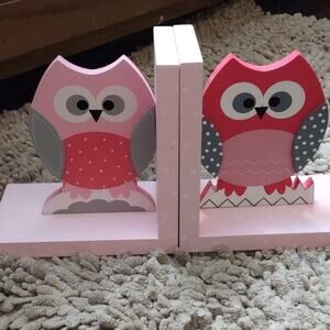 New Pink Gray Polka Dot Owl Wooden Bookends 4x7 inches‎